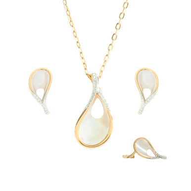 18K Yellow Gold  Mother of Pearl Oval Leaf  Diamond Pendant Set