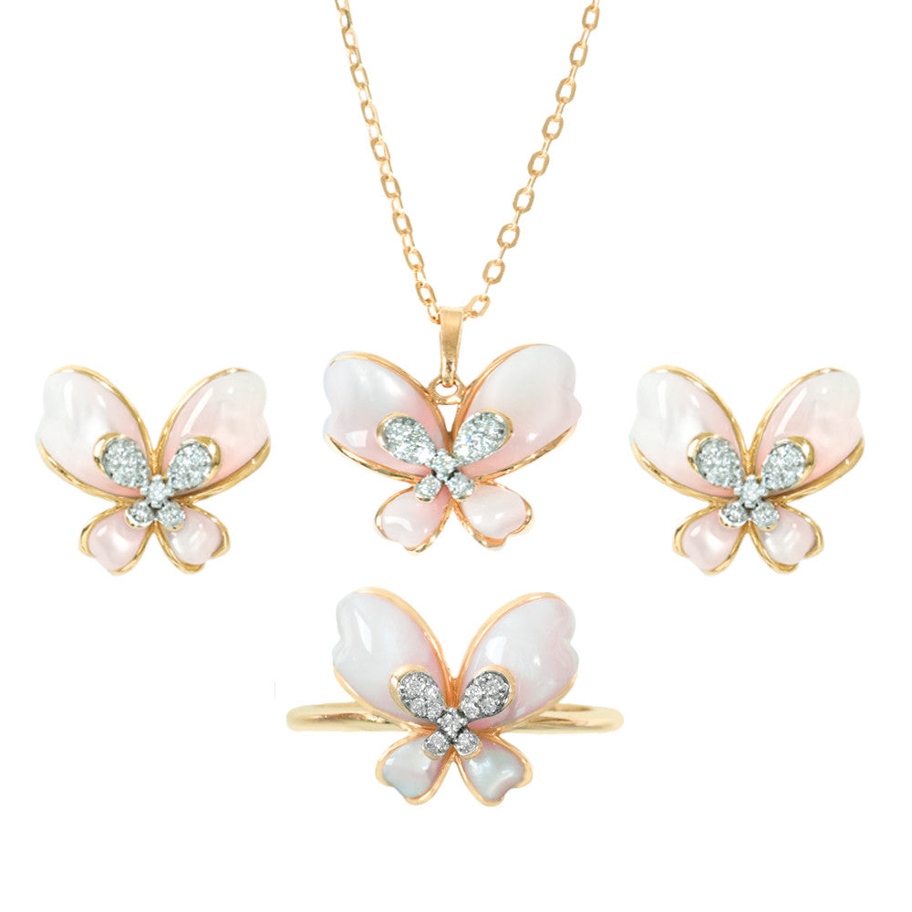 18K Rose Gold Butterfly Mother of Pearl Diamond Pendant Set