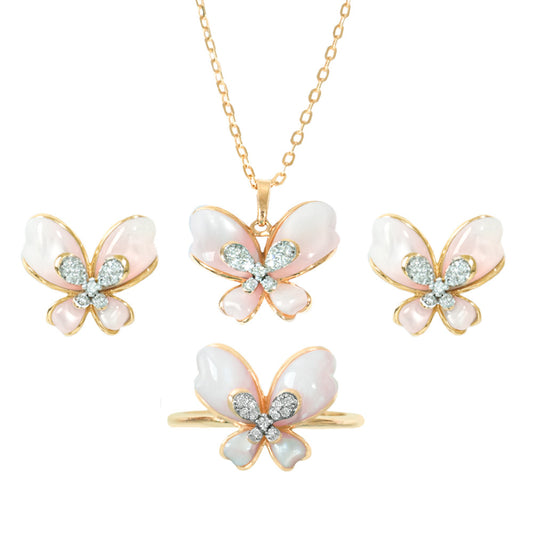 18K Rose Gold Butterfly Mother of Pearl Diamond Pendant Set