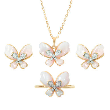 18K Rose Gold Butterfly Mother of Pearl Diamond Pendant Set