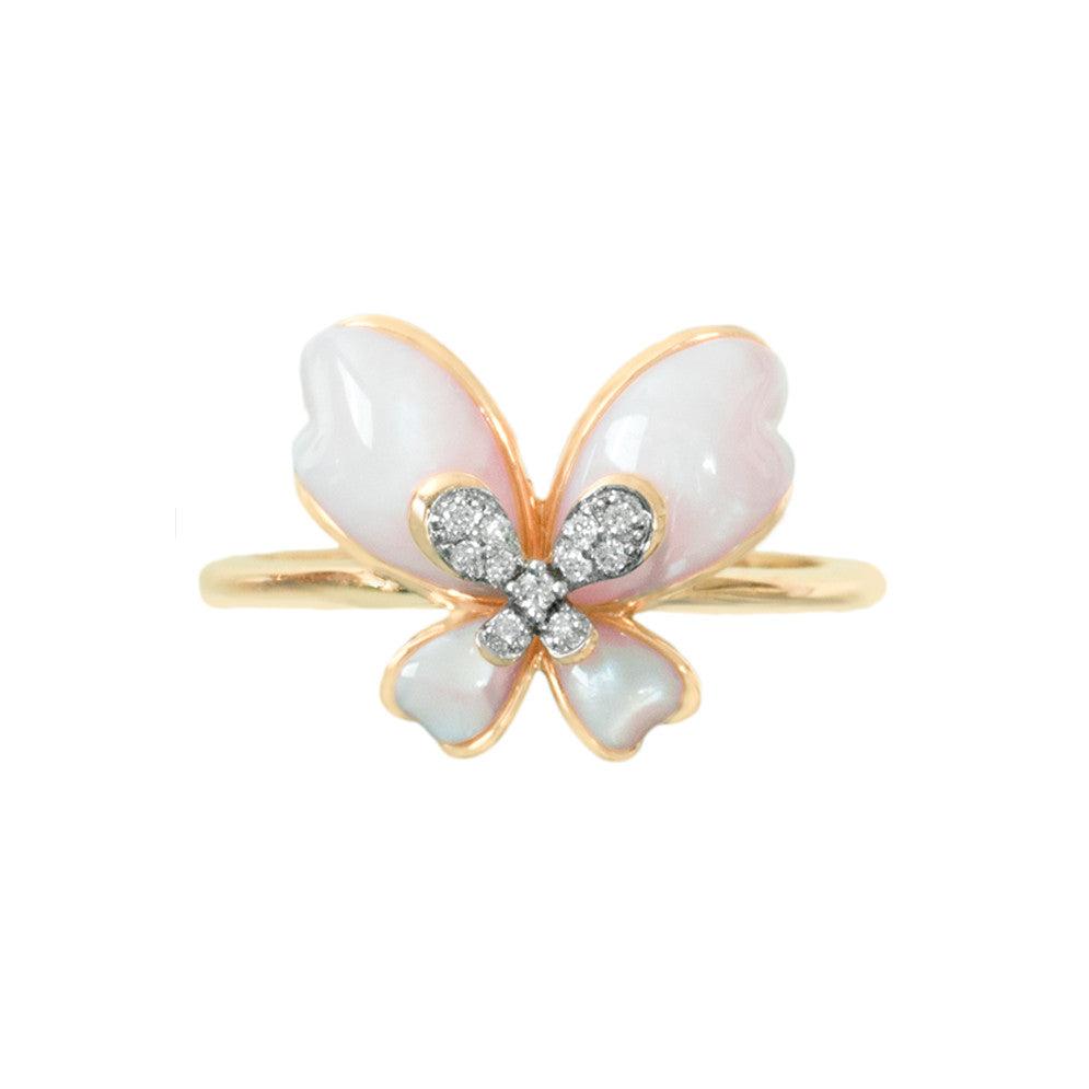 18K Rose Gold Butterfly Mother of Pearl Diamond Ring