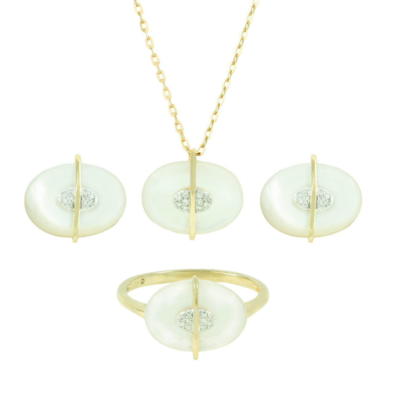 18K Yellow Gold Diamond Oval Mother of Pearl Pendant Set