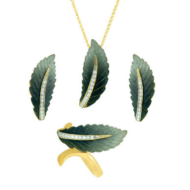 18K Yellow Gold Diamond Grey Leaf Pendant  Set