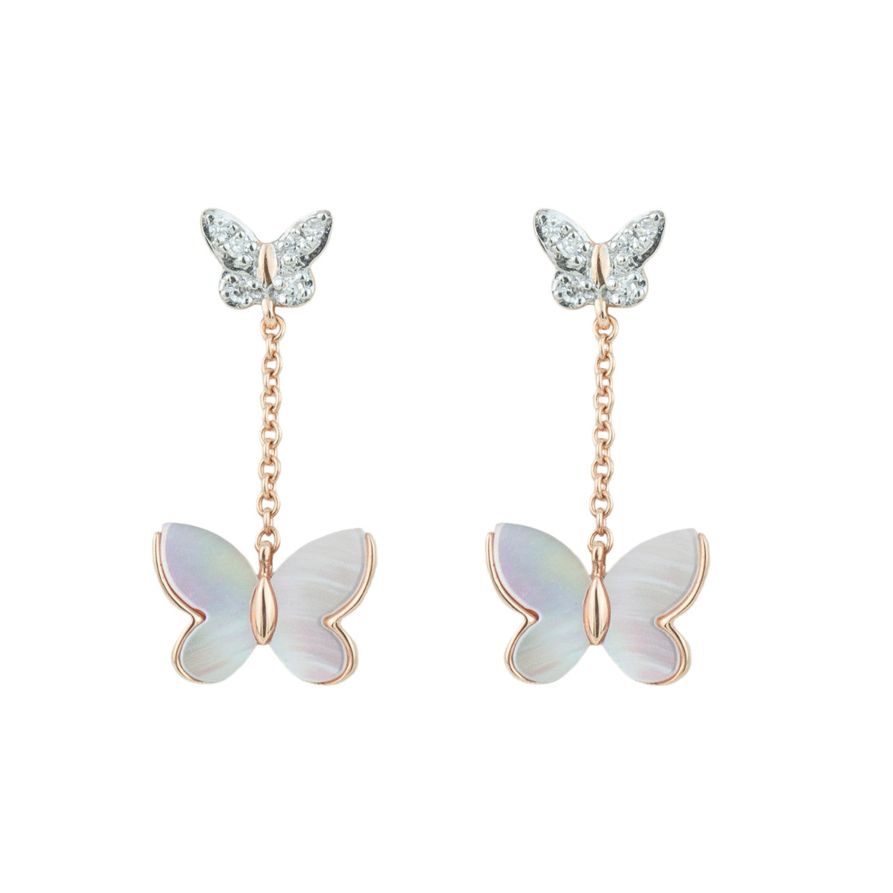 18K Rose Gold Butterfly Mother of Pearl Diamond Earrings