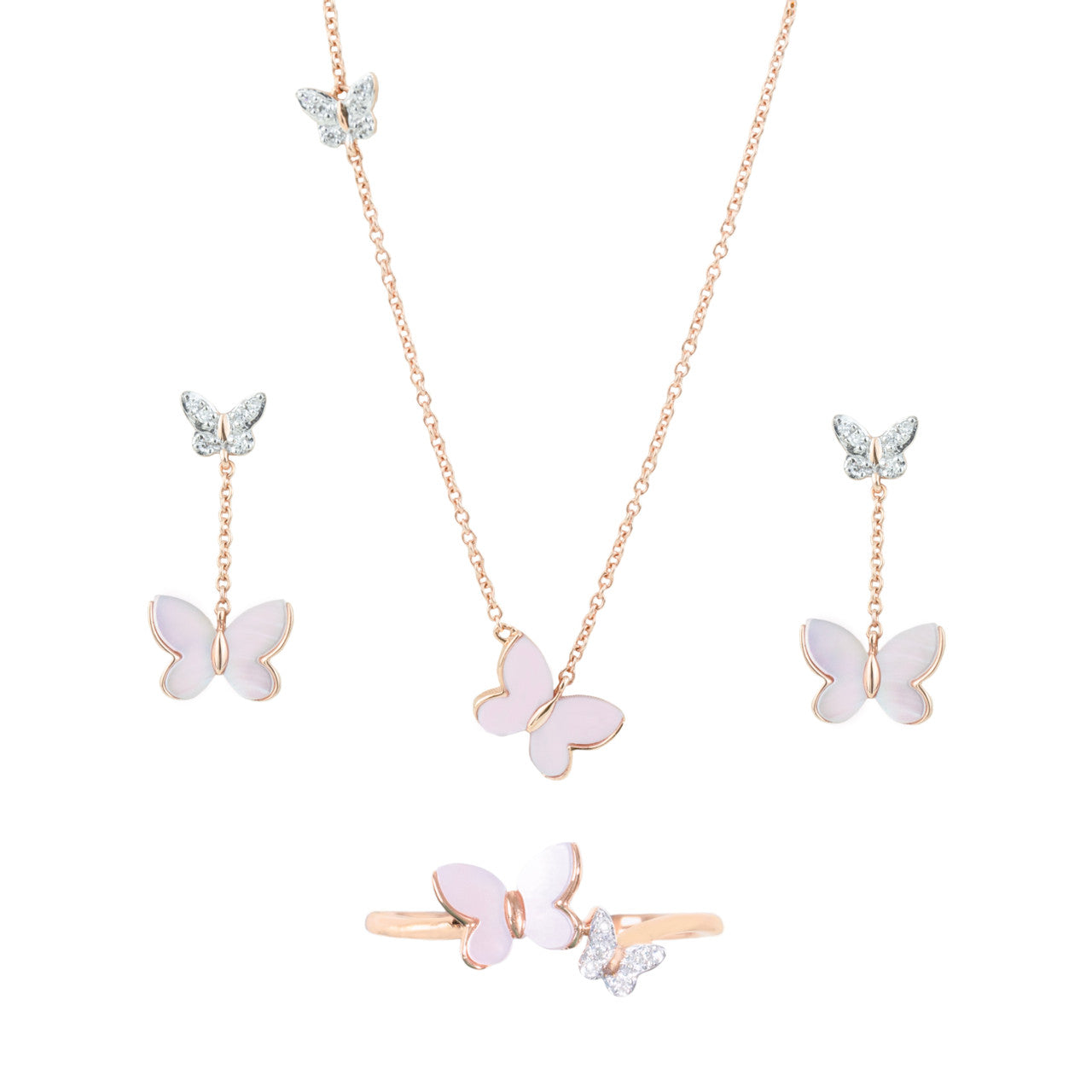 18K Rose Gold Butterfly Mother of Pearl Diamond Necklace Set