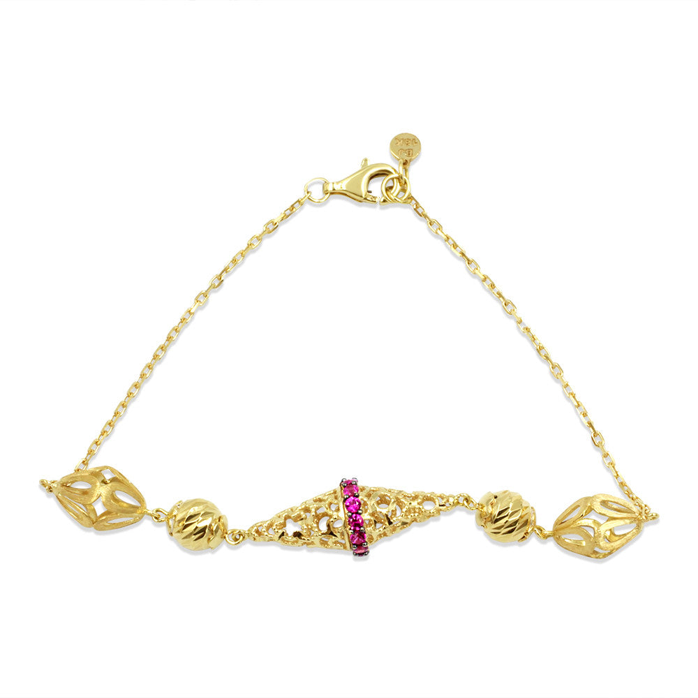 18K yellow gold Arabic Cone Pink Gemstone chain bracelet with lobster clasp