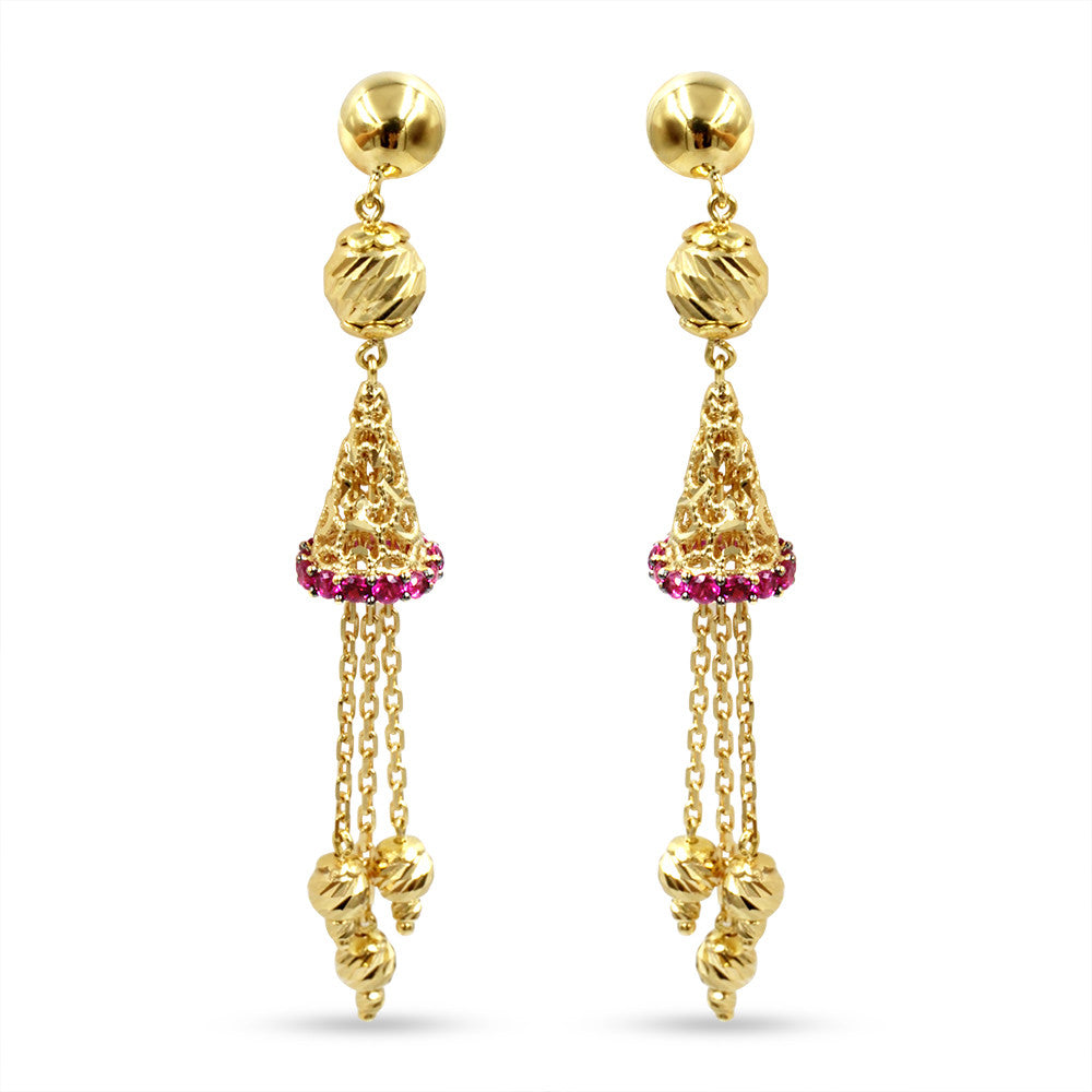 18K yellow gold Arabic Cone Pink Gemstone drop earrings