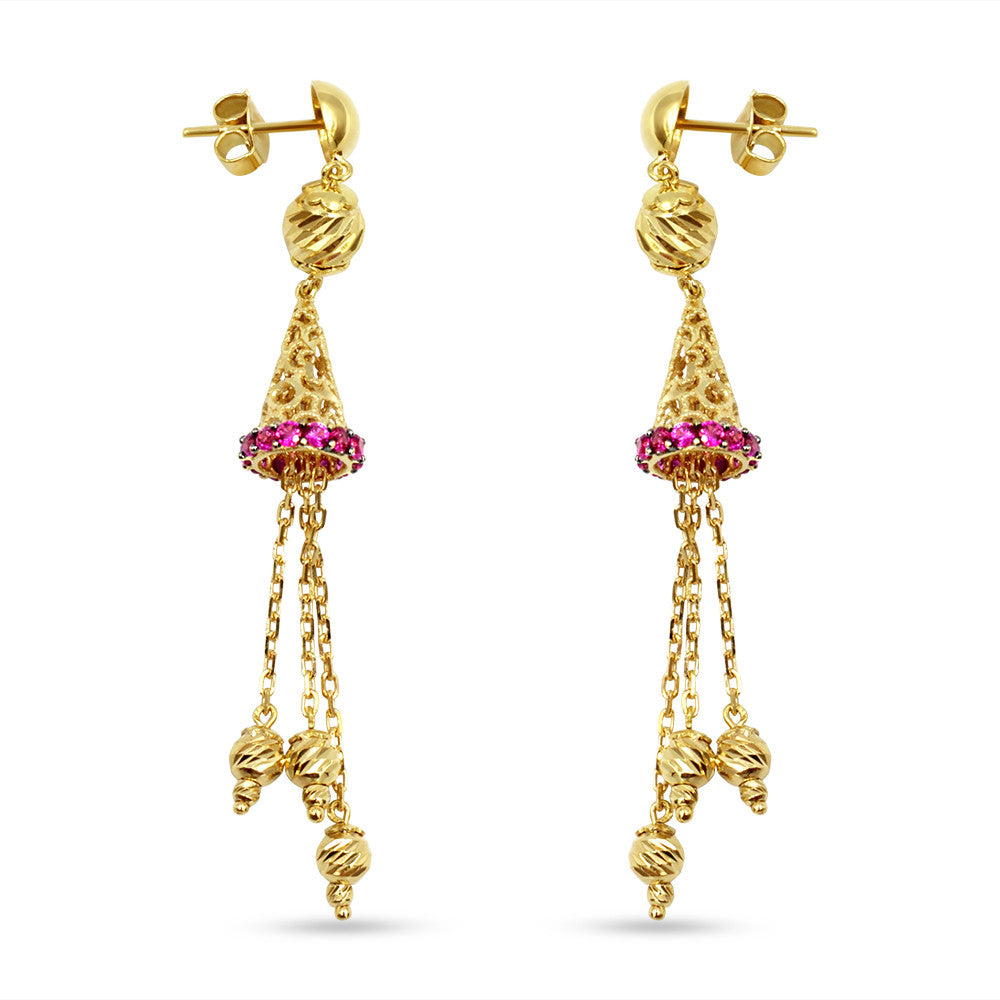 Side profile of 18K yellow gold Arabic Cone Pink Gemstone drop earrings