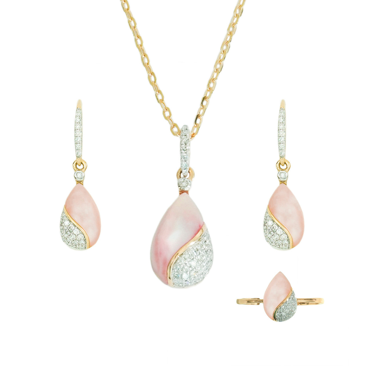 18K Rose Gold Mother of Pearl Drop Diamond Pendant Set