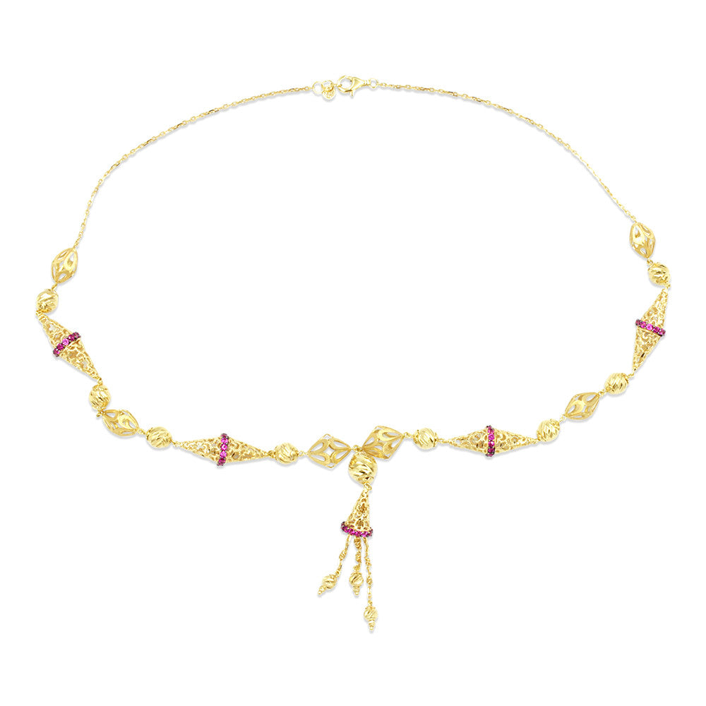 Opera length 18K Yellow Gold Arabic Cone Pink Gemstone Necklace