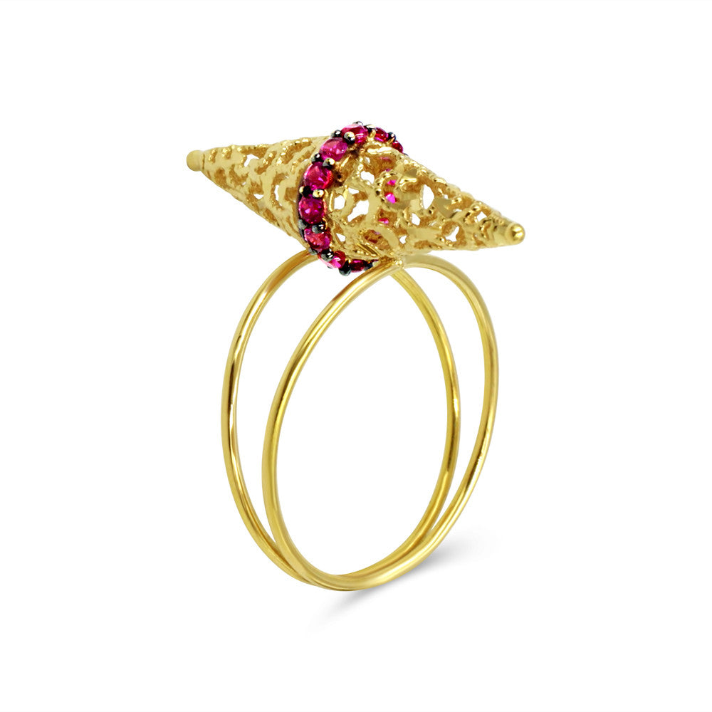 Side profile of 18K yellow gold Arabic Cone Pink Gemstone ring