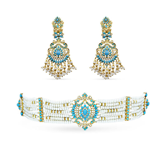 21K Yellow Gold Bahraini Turquoise Pearl Half Set