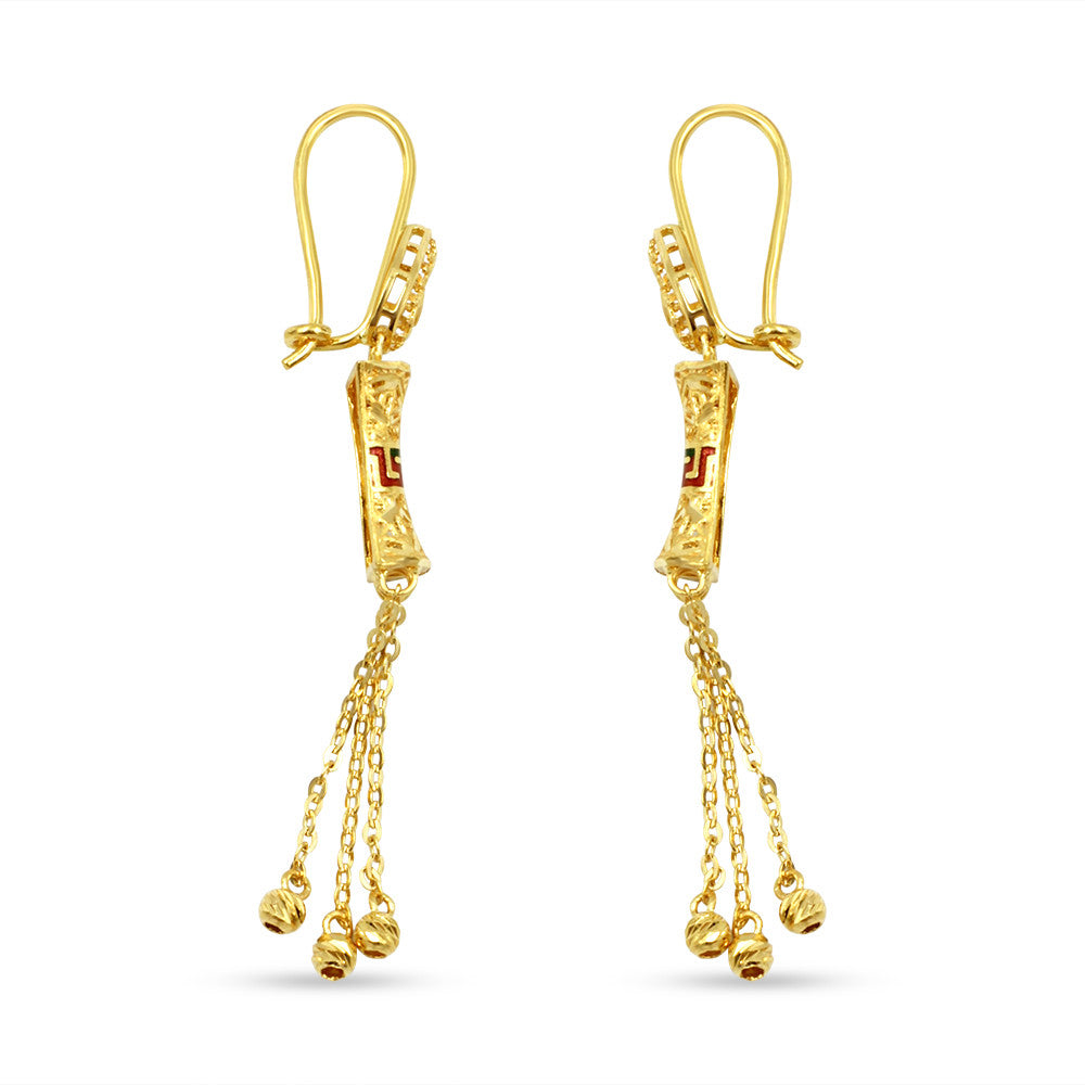 Side profile of 21K yellow gold Saudi Bow Meenakari kidney back drop earrings