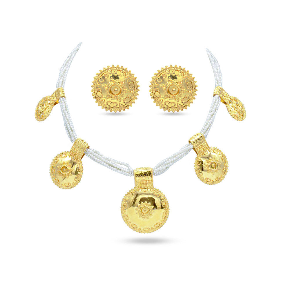 21K Yellow Gold Bahraini Pearl Button Bridal Necklace Set