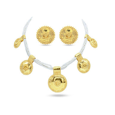 21K Yellow Gold Bahraini Pearl Button Bridal Necklace Set