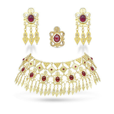 21K Yellow Gold Bahraini Bridal Red Aztec Choker Set