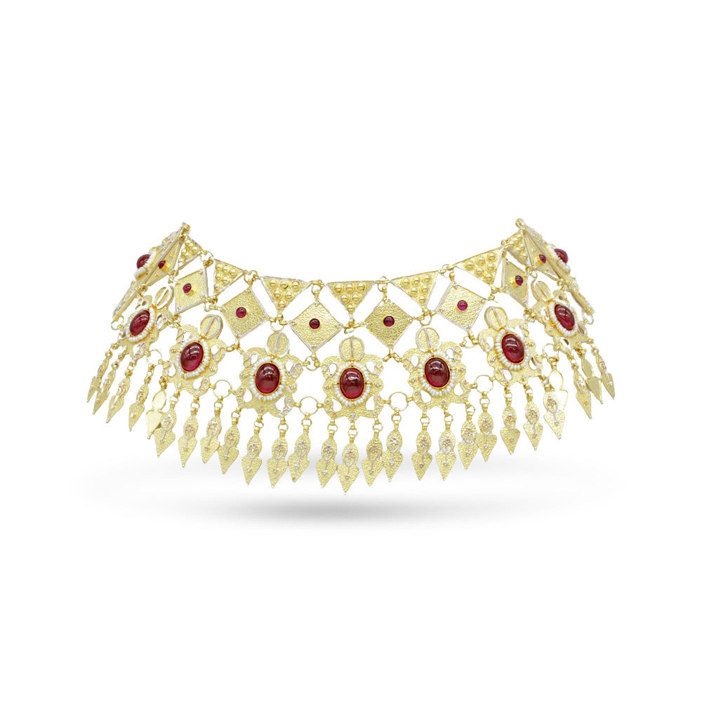 Choker Length 21K Yellow Gold Bahraini Bridal Red Aztec Necklace