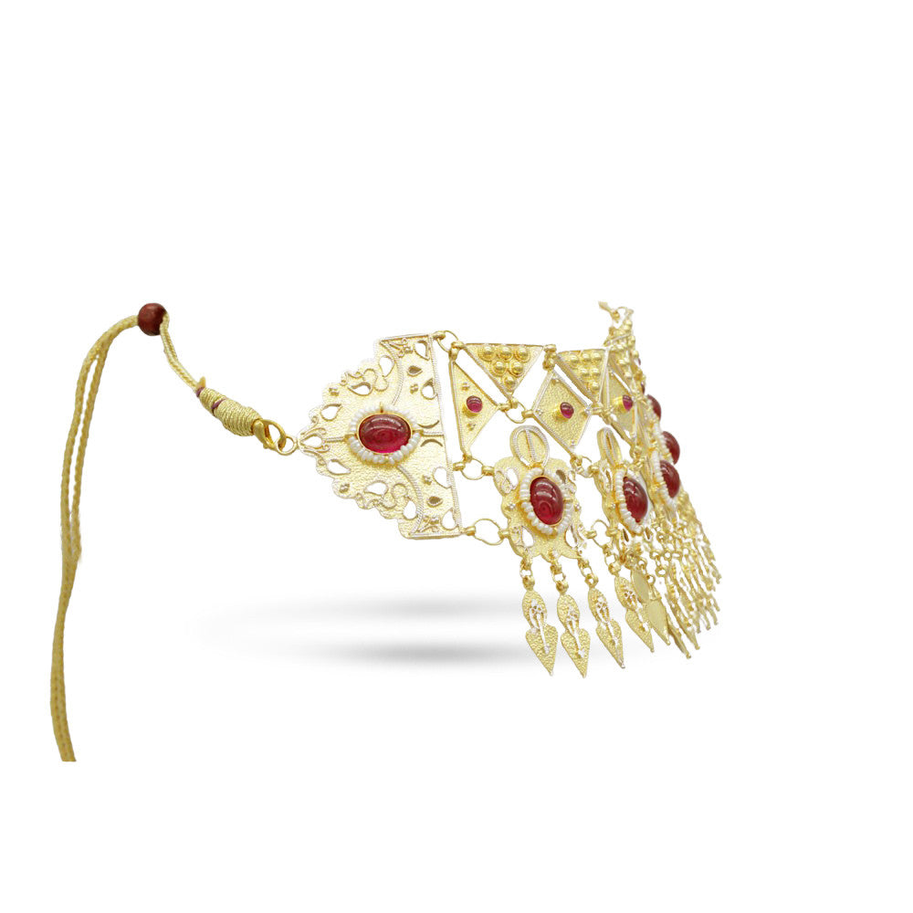 Side profile of 21K Yellow Gold Bahraini Bridal Red Aztec Choker with adjustable yellow string