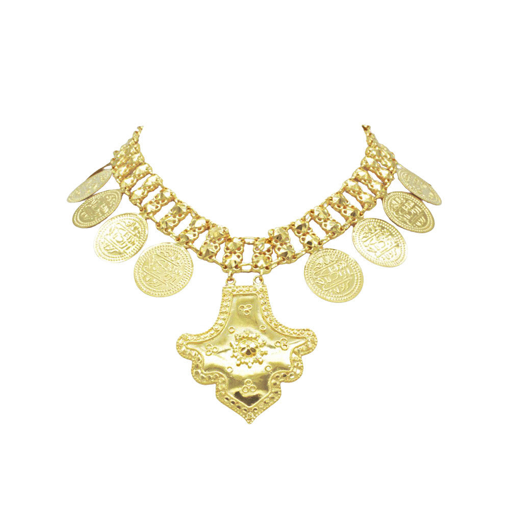 21K Yellow Gold Bahraini Coin Leaf Wedding Choker to Matinee Necklace