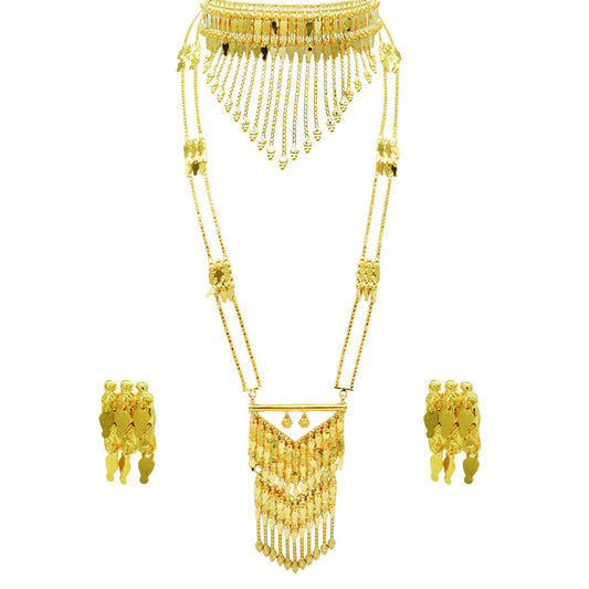 21K Yellow Gold Bahraini Flower Waterfall Bridal Duo Necklace Set