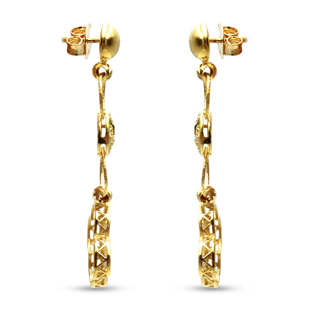 Side profile of 21K yellow gold Saudi Four Leaf Clover push back drop earrings