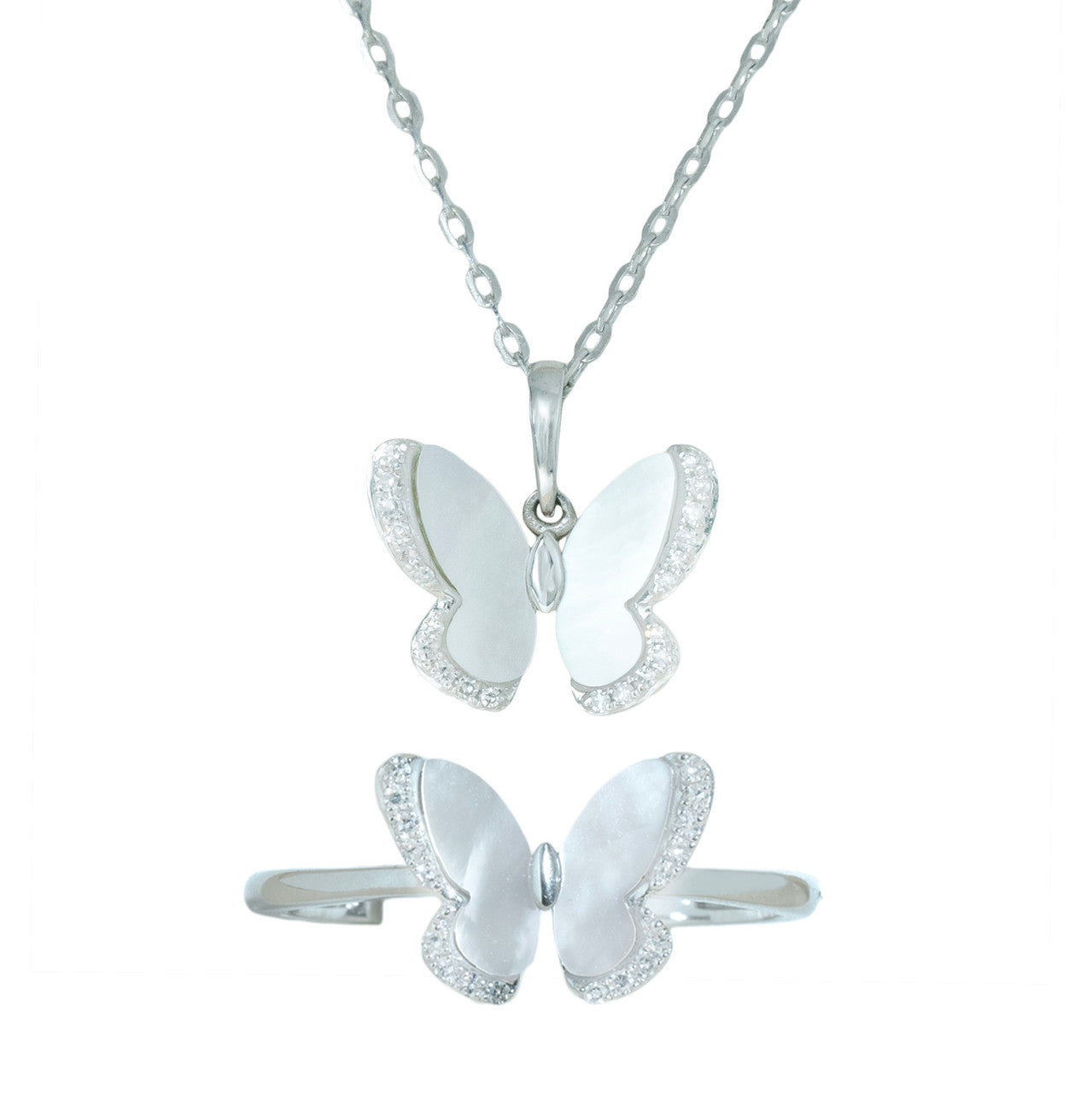 18K Mother of Pearl Butterfly Diamond Pendant Set