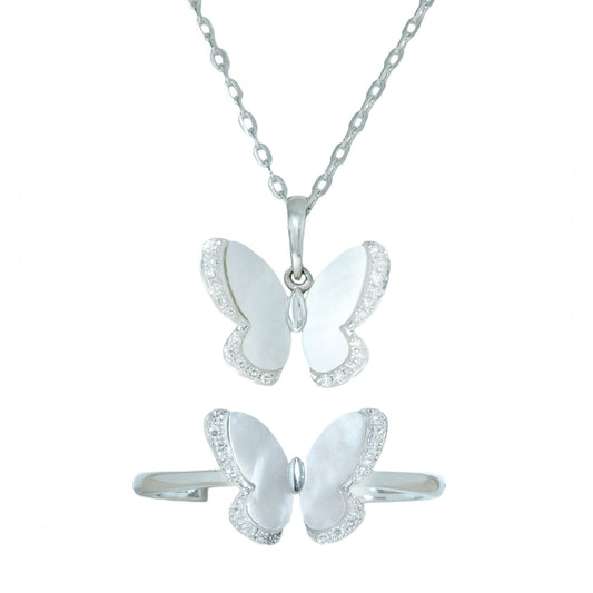 18K Mother of Pearl Butterfly Diamond Pendant Set