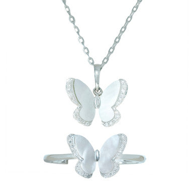 18K White Gold Mother of Pearl Butterfly Diamond Pendant Set