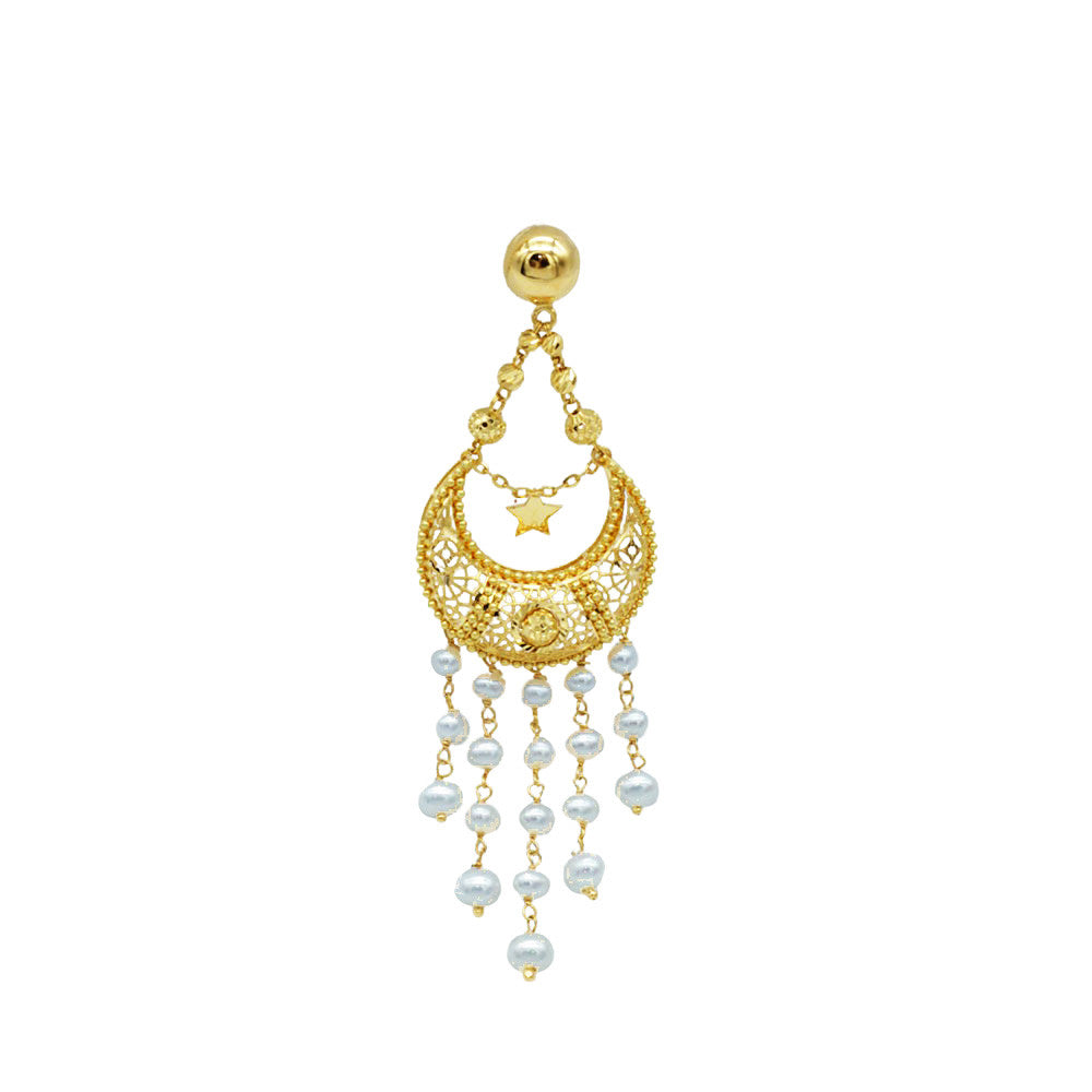 21K Yellow Gold Bahrain Crescent Moon And Stars Pearl Waterfall Chandelier Earrings