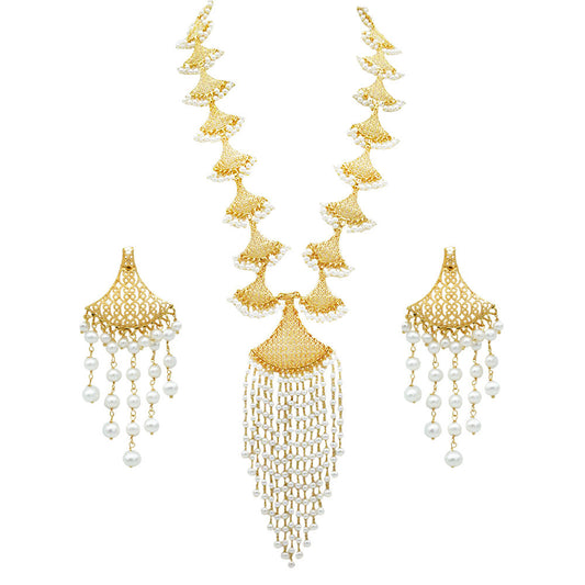 21K Yellow Gold Tiered Bahraini Pearl Waterfall Duo Necklace Set