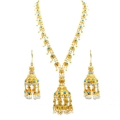 21K Yellow Gold Bahrain Chandelier Lariat Necklace Set