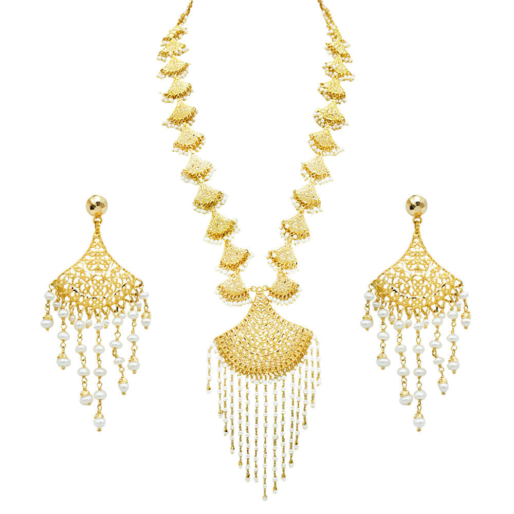 21K Yellow Gold Tiered Bahraini Pearl Waterfall Lariat Necklace Set