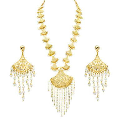 21K Yellow Gold Tiered Bahraini Pearl Waterfall Lariat Necklace Set