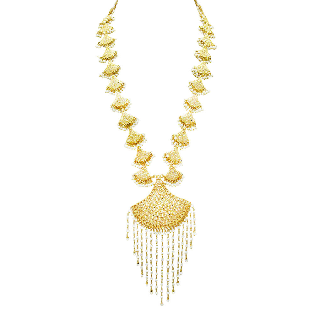 21K Yellow Gold Tiered Bahraini Pearl Waterfall Lariat Necklace