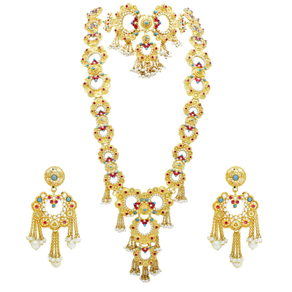 21K Yellow Gold Bahraini Floral Turquoise And Ruby Duo Necklace Set