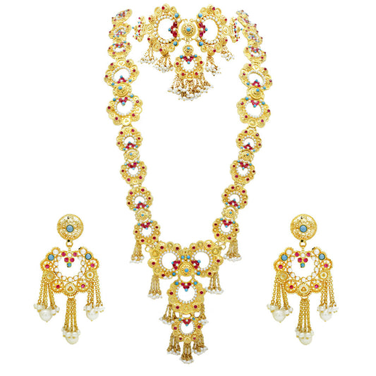 21K Yellow Gold Bahraini Floral Turquoise And Ruby Duo Necklace Set