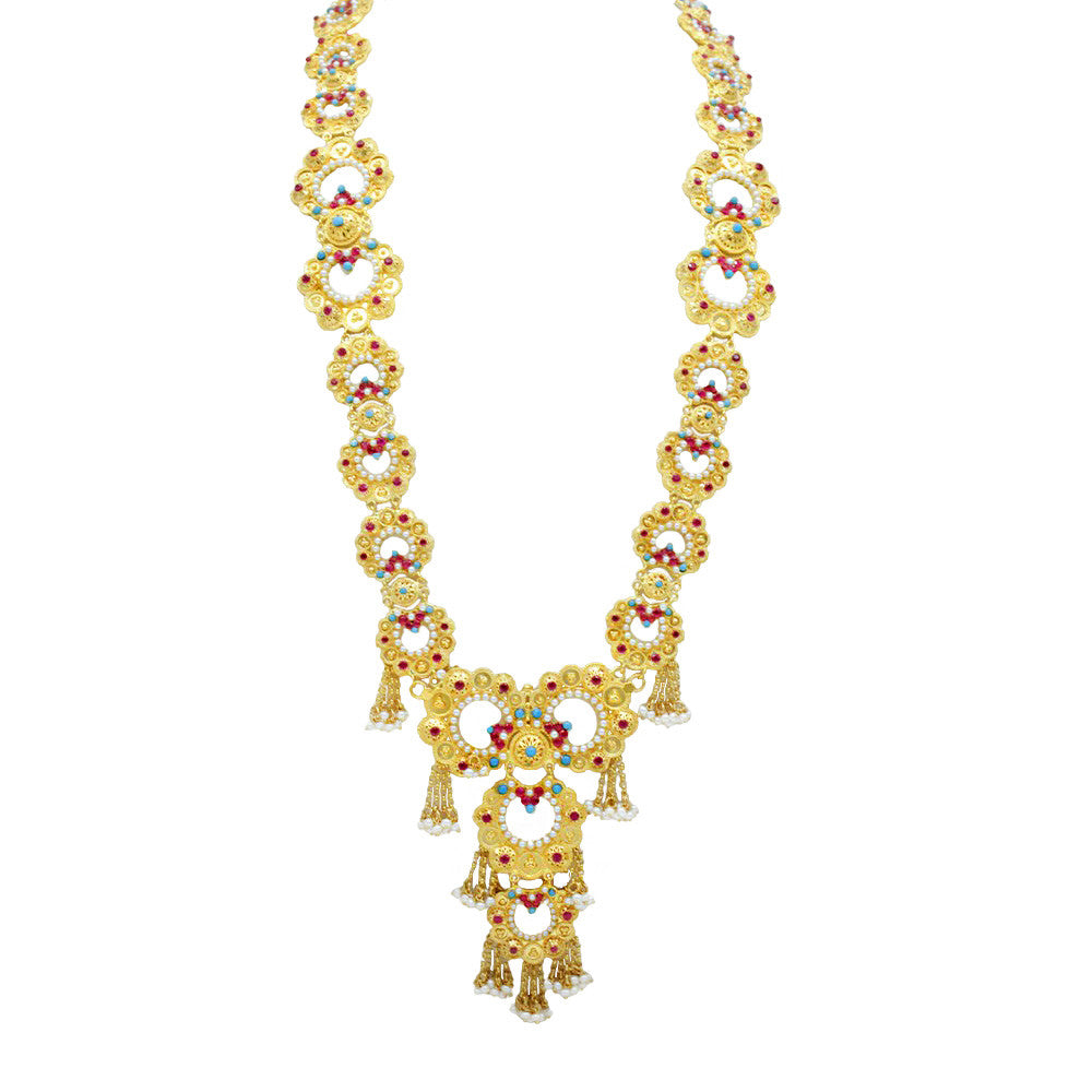 21K Yellow Gold Bahraini Floral Turquoise And Ruby Opera Necklace