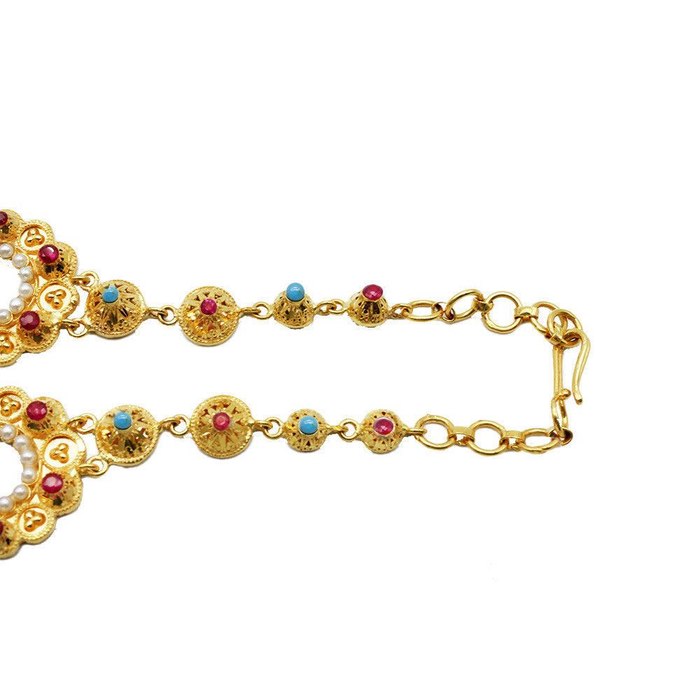 Rib eye hook on 21K Yellow Gold Bahraini Floral Turquoise And Ruby Opera Necklace