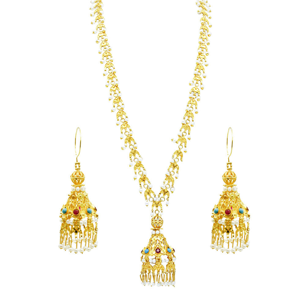 21K Yellow Gold Bahrain Chandelier Opera Necklace Set