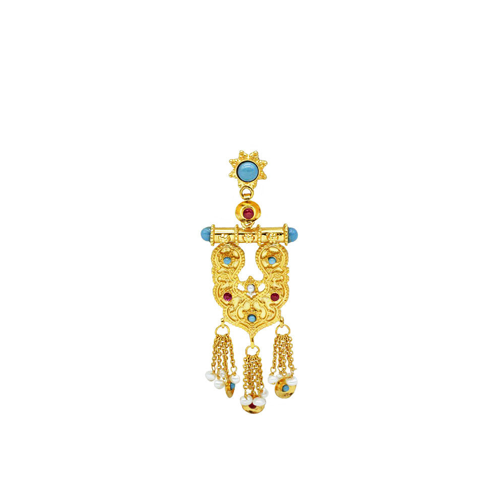 21K Yellow Gold Bahraini Turquoise And Ruby Chandelier Earrings