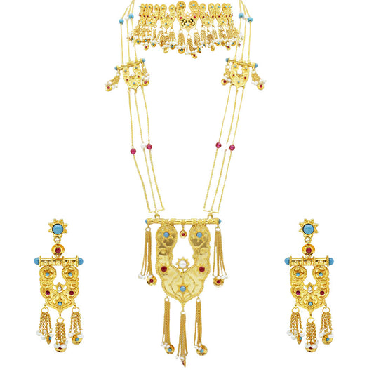 21K Yellow Gold Bahraini Turquoise And Ruby Duo Necklace Set