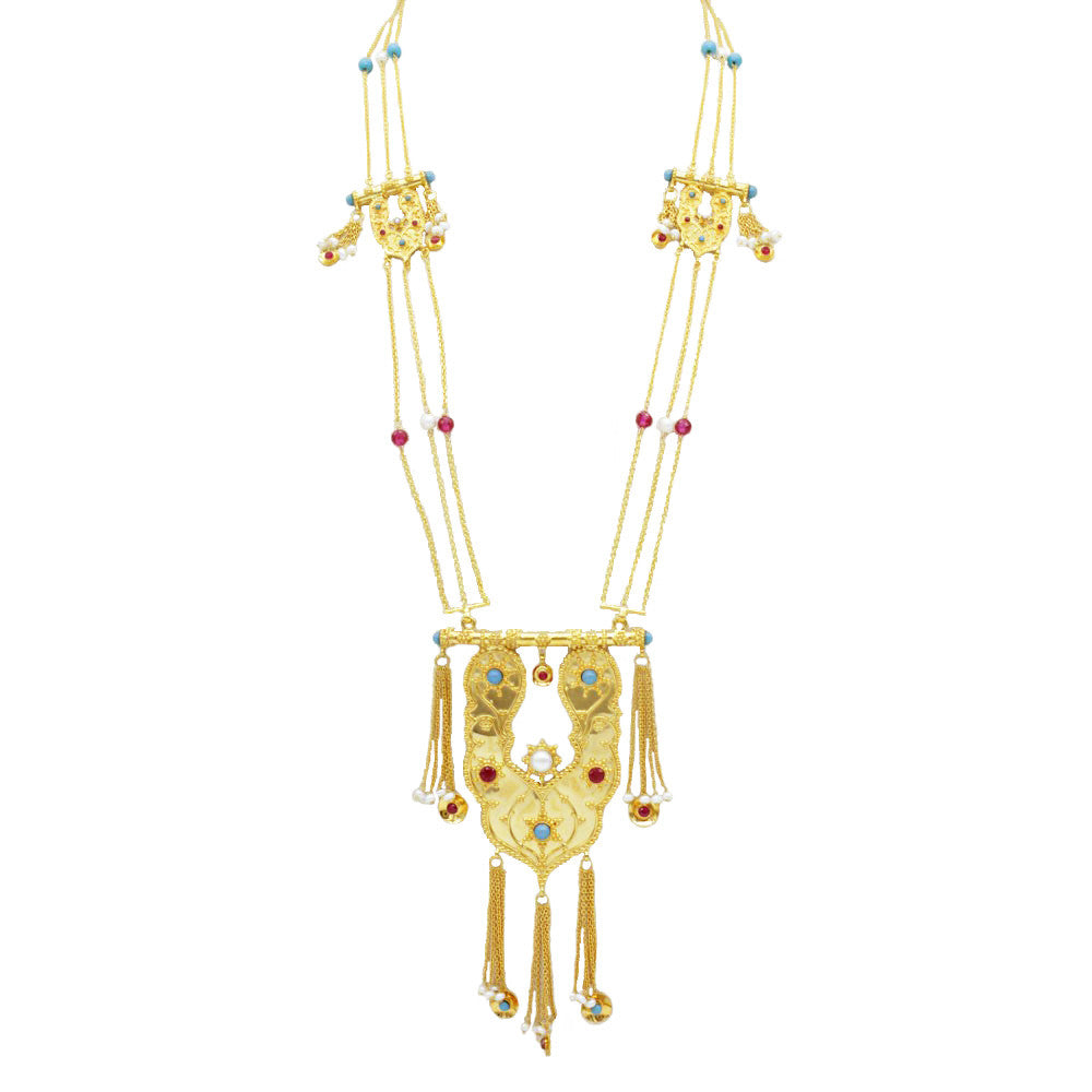 21K Yellow Gold Bahraini Turquoise And Ruby Duo Rope Necklace