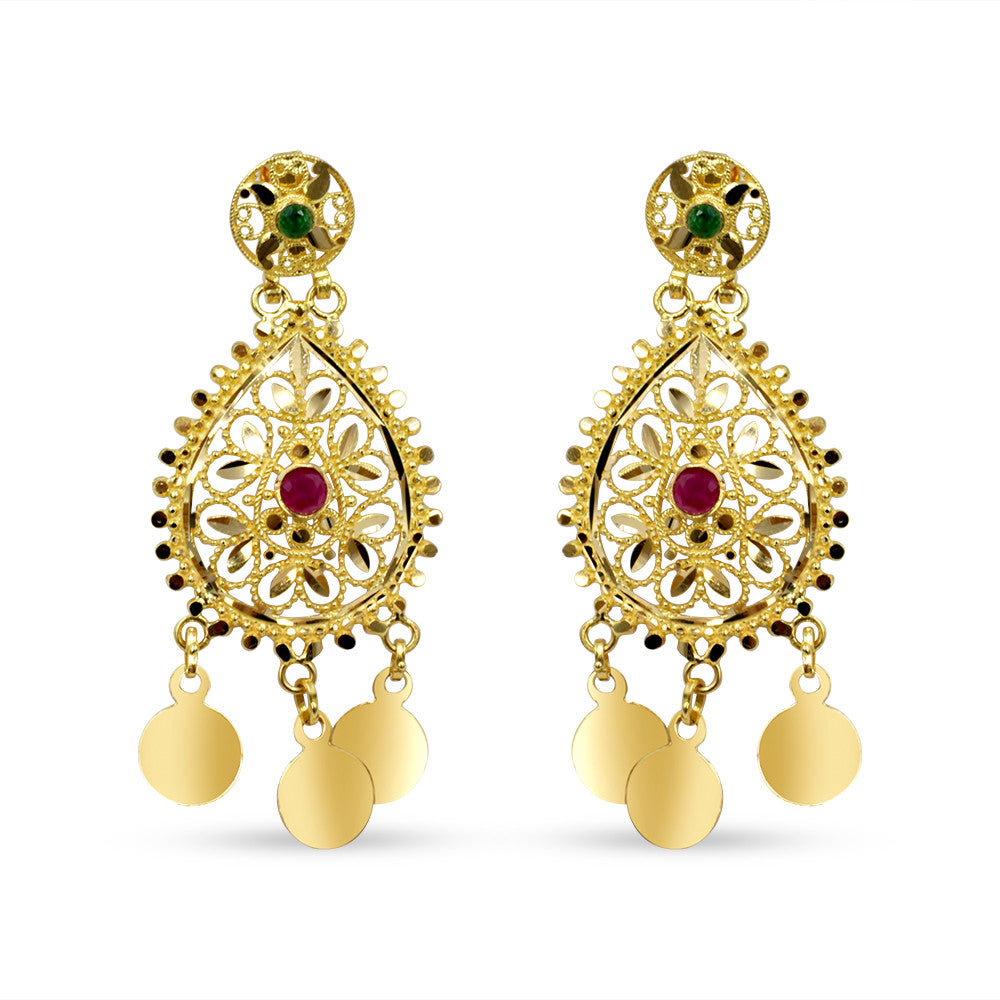 21K yellow gold Saudi gemstone push back chandelier earrings