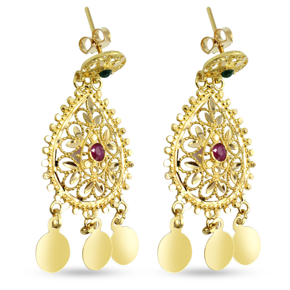 Side profile of 21K yellow gold Saudi gemstone push back chandelier earrings