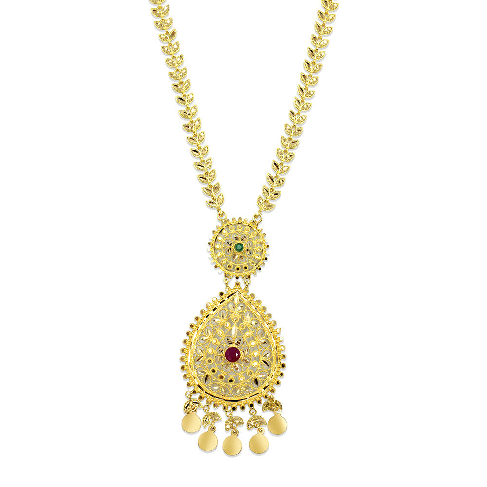 Close up of opera length 21K yellow gold Saudi gemstone necklace