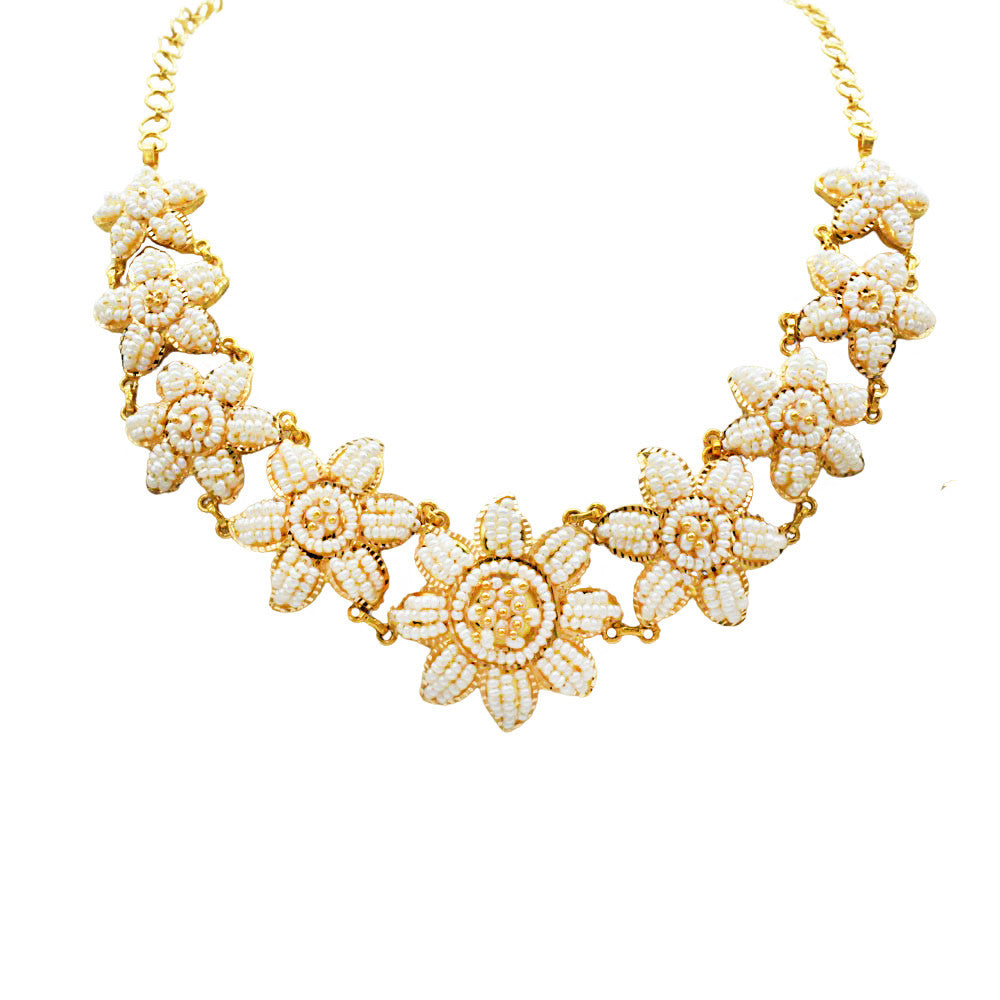 21K Yellow Gold Bahraini Pearl Flowers Princess Necklace