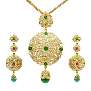 22K Yellow Gold Pakistani Hanging Emerald Pendant Necklace Set