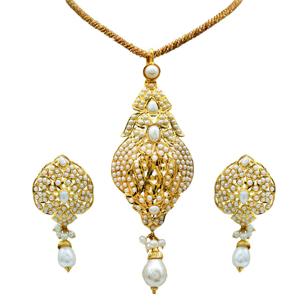 22K Yellow Gold Bahraini Pearl Drop Pendant Necklace Set