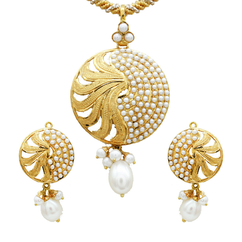 21K Yellow Gold Bahraini Spiral Pearl Drop Pendant Necklace Set