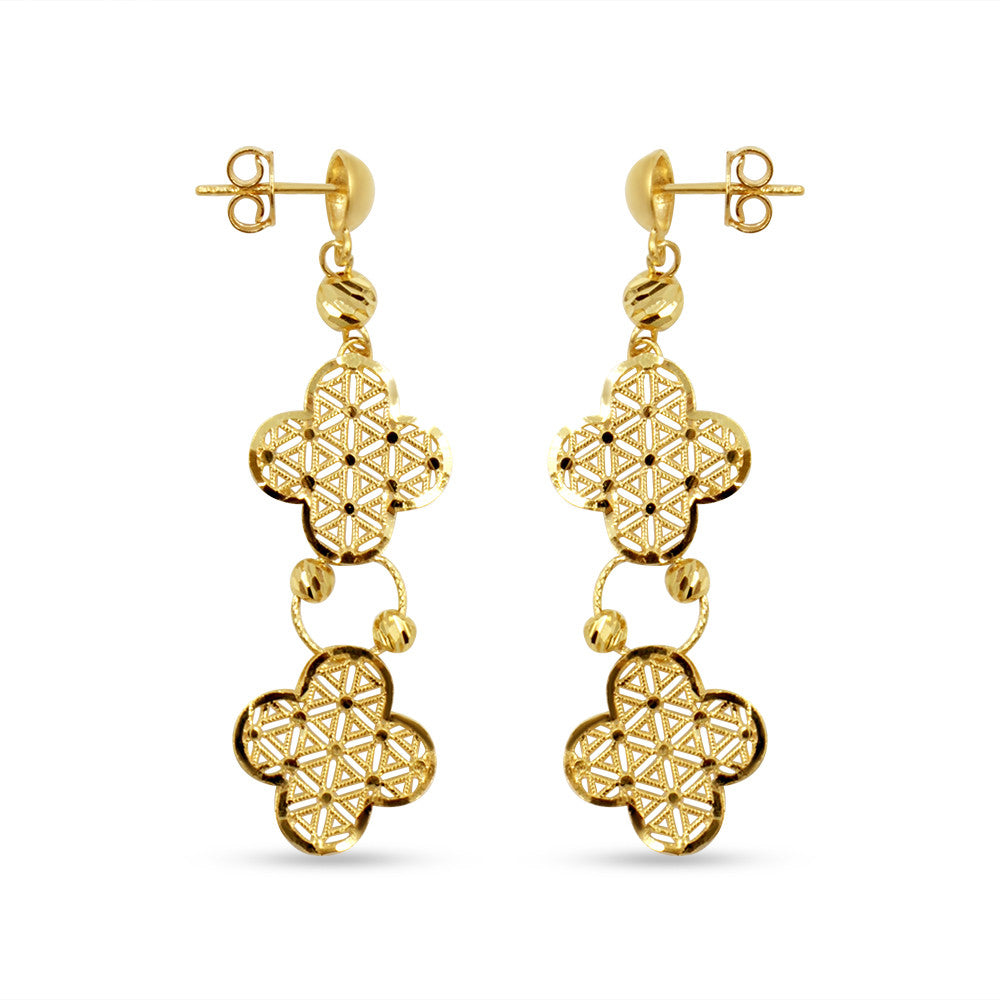 21K yellow gold dangly push back earrings with two 4 clover leaf motifs